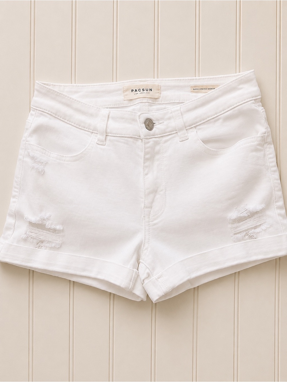 PacSun White Super Stretch Shortie Distressed Denim Shorts Size 25